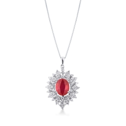 Necklace with pendant, oval cut ruby and a fancy crowd of diamonds