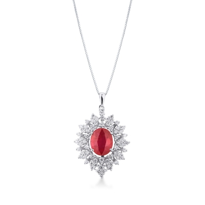Necklace with pendant, oval cut ruby and a fancy crowd of diamonds