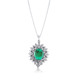 Necklace with pendant, oval emerald with a a fancy crown of diamonds