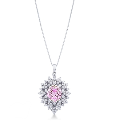 Halo necklace with pink sapphire and diamonds 