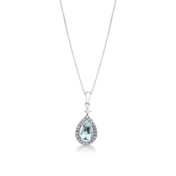Necklace with pendant, pear shaped aquamarine and diamonds