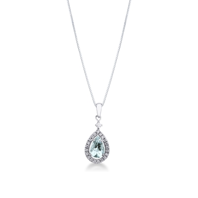 Necklace with pendant, pear shaped aquamarine and diamonds
