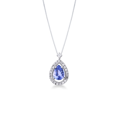 Necklace in white gold 18k with pendant with tanzanite pear cut and diamonds 