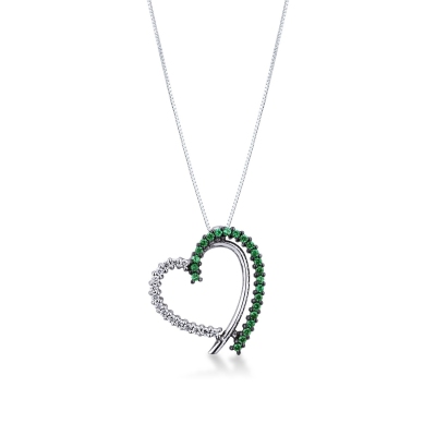 Heart shape pendant with diamonds and a row of emeralds