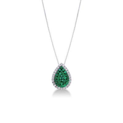 18k white gold drop shaped pendant with emeralds and diamonds