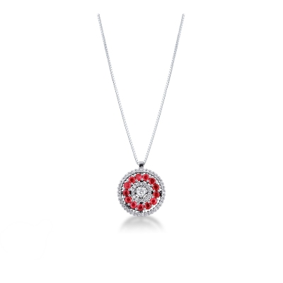 Necklace in white gold 18k with pendant in rubies and diamonds 