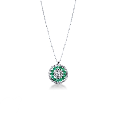 18k white gold necklace with pendant in emeralds and diamonds 