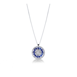 18k white gold necklace with pendant in blue sapphires and diamonds 