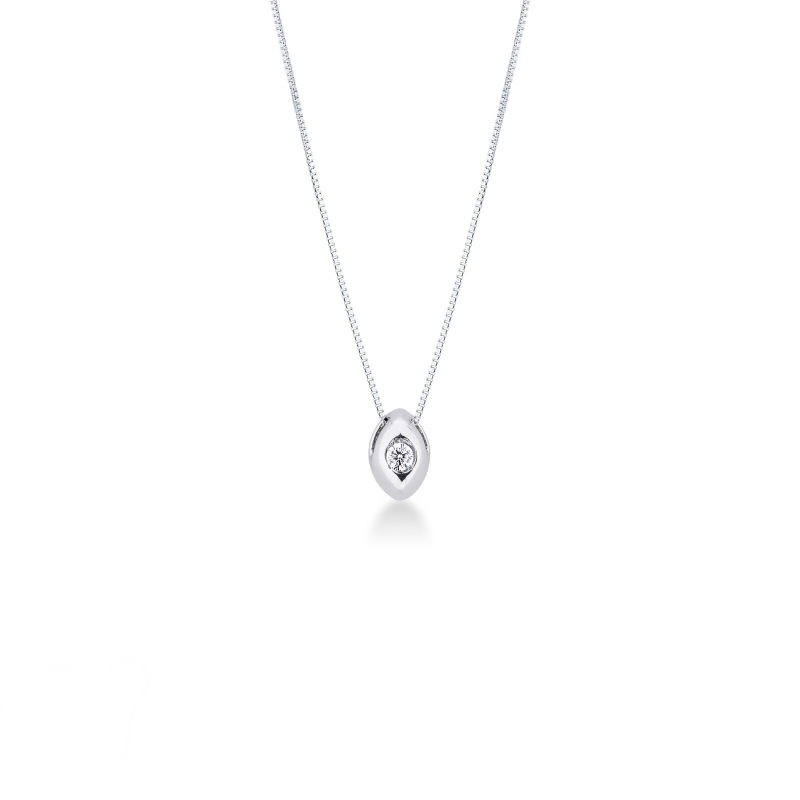 Collana in oro bianco 18k con pendente a chicco di riso e diamante