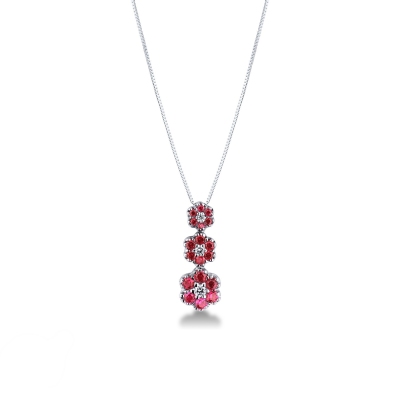 Ruby and diamond flowers pendant in 18k white gold