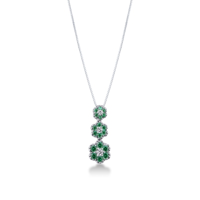 White gold 18k necklace with flower shaped trilogy pendant with diamonds and emeralds 