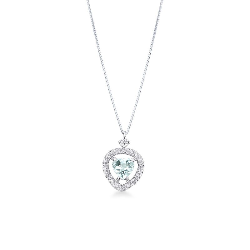 Collana in oro bianco 18k con ciondolo acquamarina cuore e diamanti