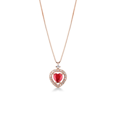 Collana in oro rosa 18k con ciondolo cuore rubino e diamanti