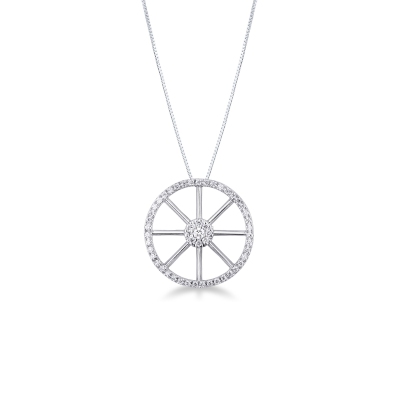 18k white gold necklace with wheel pendant and diamonds, diameter 19.4 mm