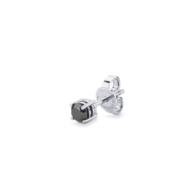 Mono orecchino in oro bianco 18k a 4 griffe con diamante nero, 0.22 ct