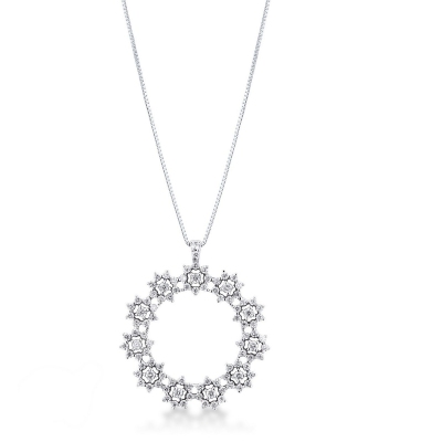 18k white gold halo necklace with eleven diamond flowers