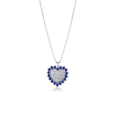 Collana in oro bianco 18k con ciondolo cuore diamanti e zaffiri blu