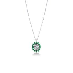 Halo pendant necklace in white gold 18k with emeralds and diamonds pavè
