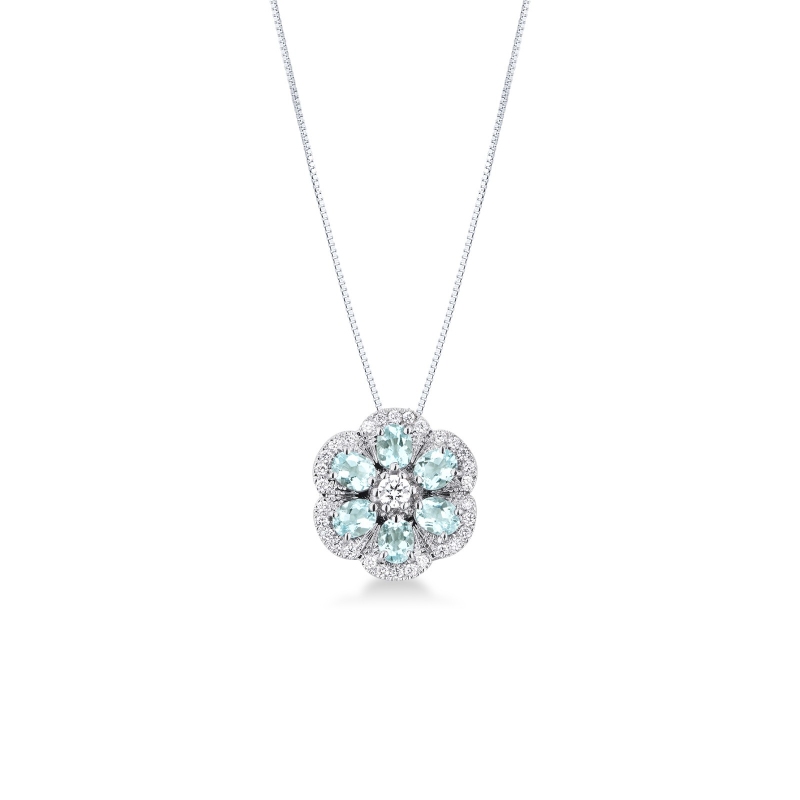 Collana acquamarina fiore e diamante in oro bianco 