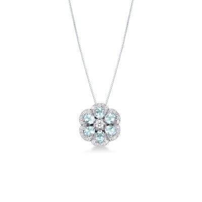 Collana acquamarina fiore e diamante in oro bianco 