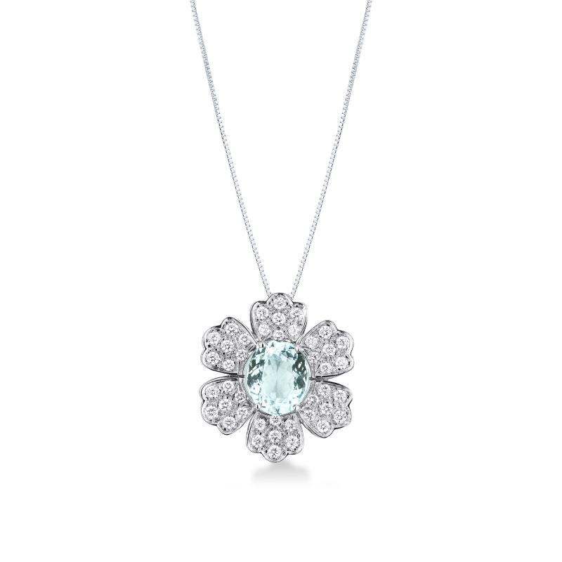 Collana acquamarina ovale in fiore in oro 18k e diamanti