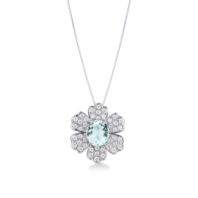 Collana acquamarina ovale in fiore in oro 18k e diamanti