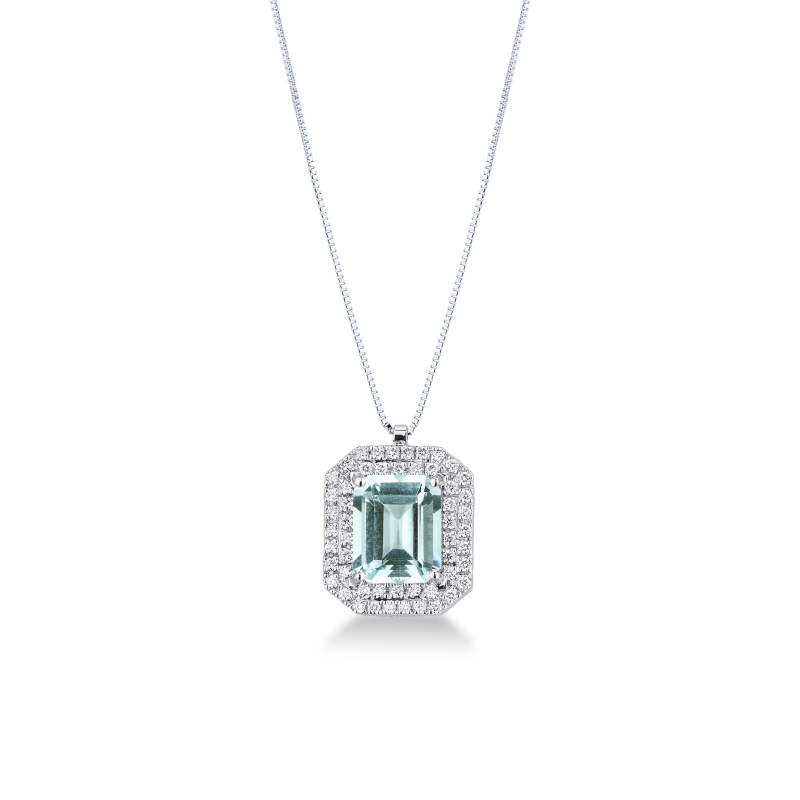 Collana in oro bianco 18k con acquamarina rettangolare e contorno in diamanti