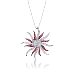 18k white gold necklace with sun pendant with rubies and round cut diamonds