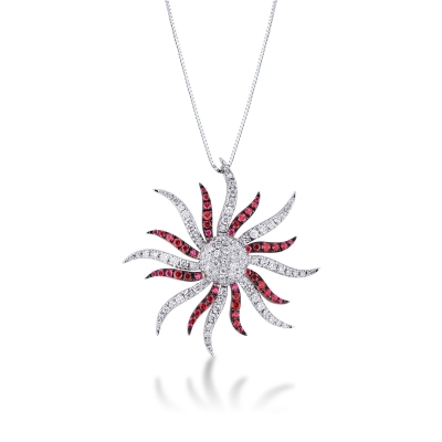 18k white gold necklace with sun pendant with rubies and round cut diamonds