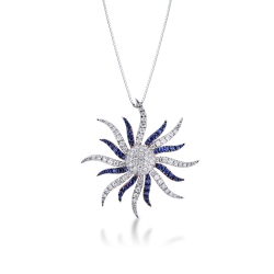 18k white gold necklace with sun pendant with sapphires and round cut diamonds