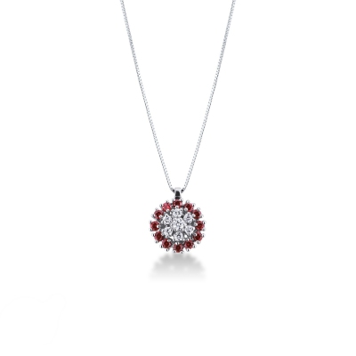 Fancy circle pendant with rubies and diamonds