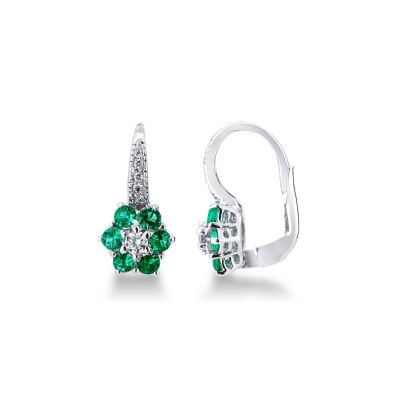 White gold 18k earrings with emeralds and diamonds flower shaped 