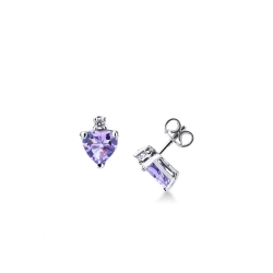 18k white gold earrings with heart cut amethysts and round cut diamonds