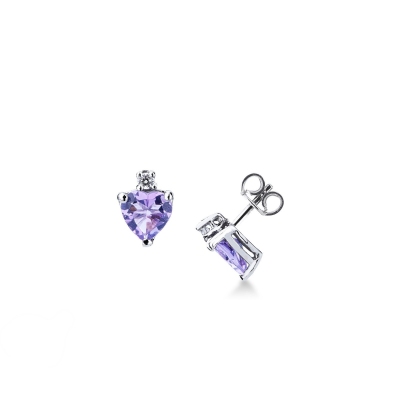 18k white gold earrings with heart cut amethysts and round cut diamonds