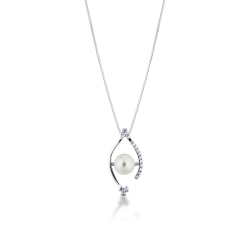 Necklace in 18k white gold with eye shaped pendant with pearl and diamonds 