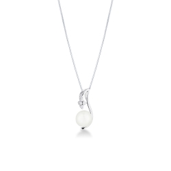 Necklace in 18k white gold with fancy pendant with pearl and one diamond