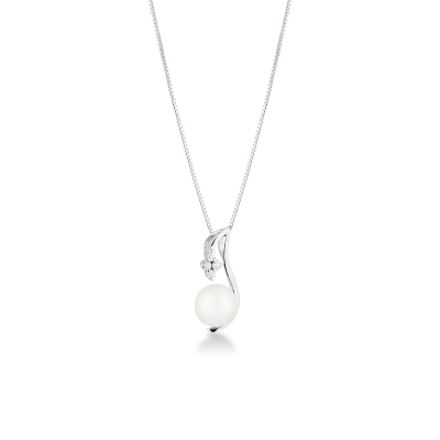 Necklace in 18k white gold with fancy pendant with pearl and one diamond