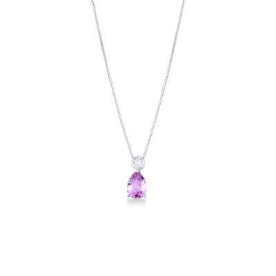 18k white gold necklace with pink sapphire pear cut and diamond