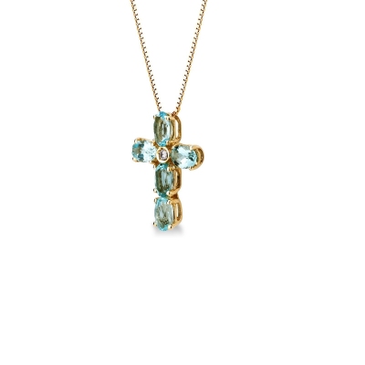 18 yellow gold cross pendant with aquamarine and solitaire diamond