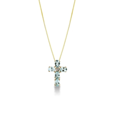 18 yellow gold cross pendant with aquamarine and solitaire diamond