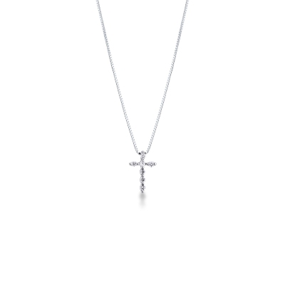 18k white gold thin cross pendant with round cut diamonds
