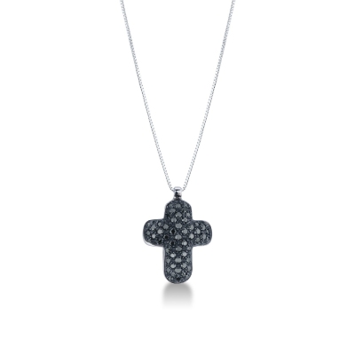 Rounded cross pendant with black diamonds