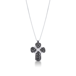 Rounded cross pendant with black diamonds and a solitaire diamond
