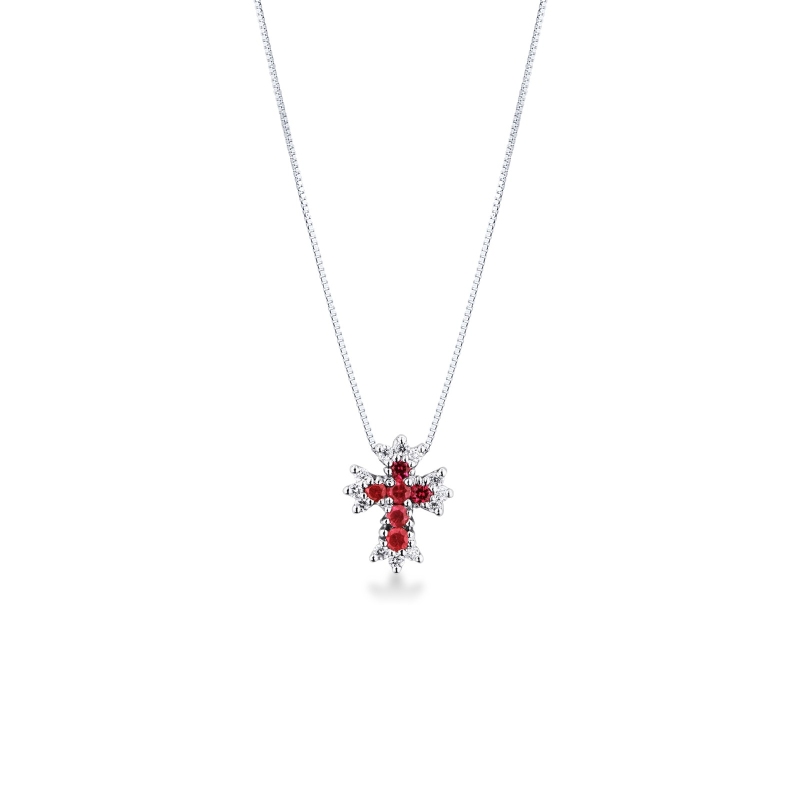 Collana croce in oro bianco 18k con rubini e diamanti