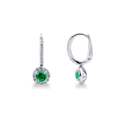 White gold 18k drop earrings with emeralds and diamonds halo 
