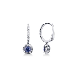 White gold 18k hoops prong setting with blue sapphires and diamonds halo
