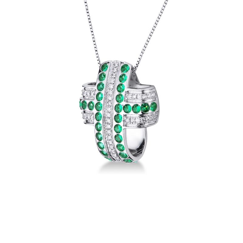 Rounded cross pendant with emeralds and diamonds