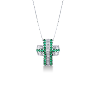 Rounded cross pendant with emeralds and diamonds