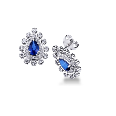 18k white gold halo stud earrings with blue sapphires pear cut and diamonds