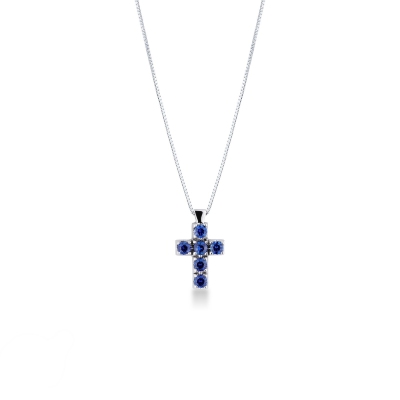 Collana con pendente a croce in oro bianco 18k con zaffiri blu